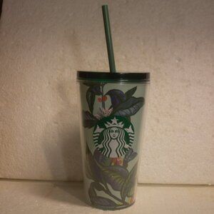 Starbucks 2021 Pale Green Green/Blue Leaves White Flower Red Berries 16o Tumbler